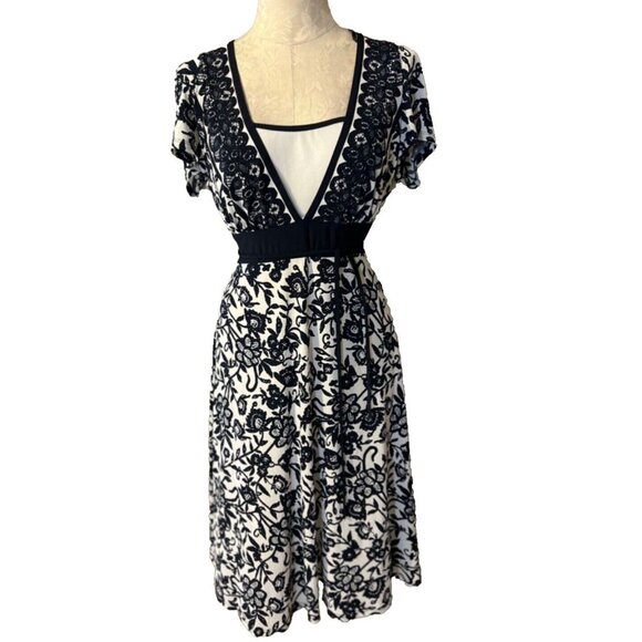 Connected Midi Dress 10 Black White Washable Stretch Career Church Short Sleeve - Picture 1 of 7